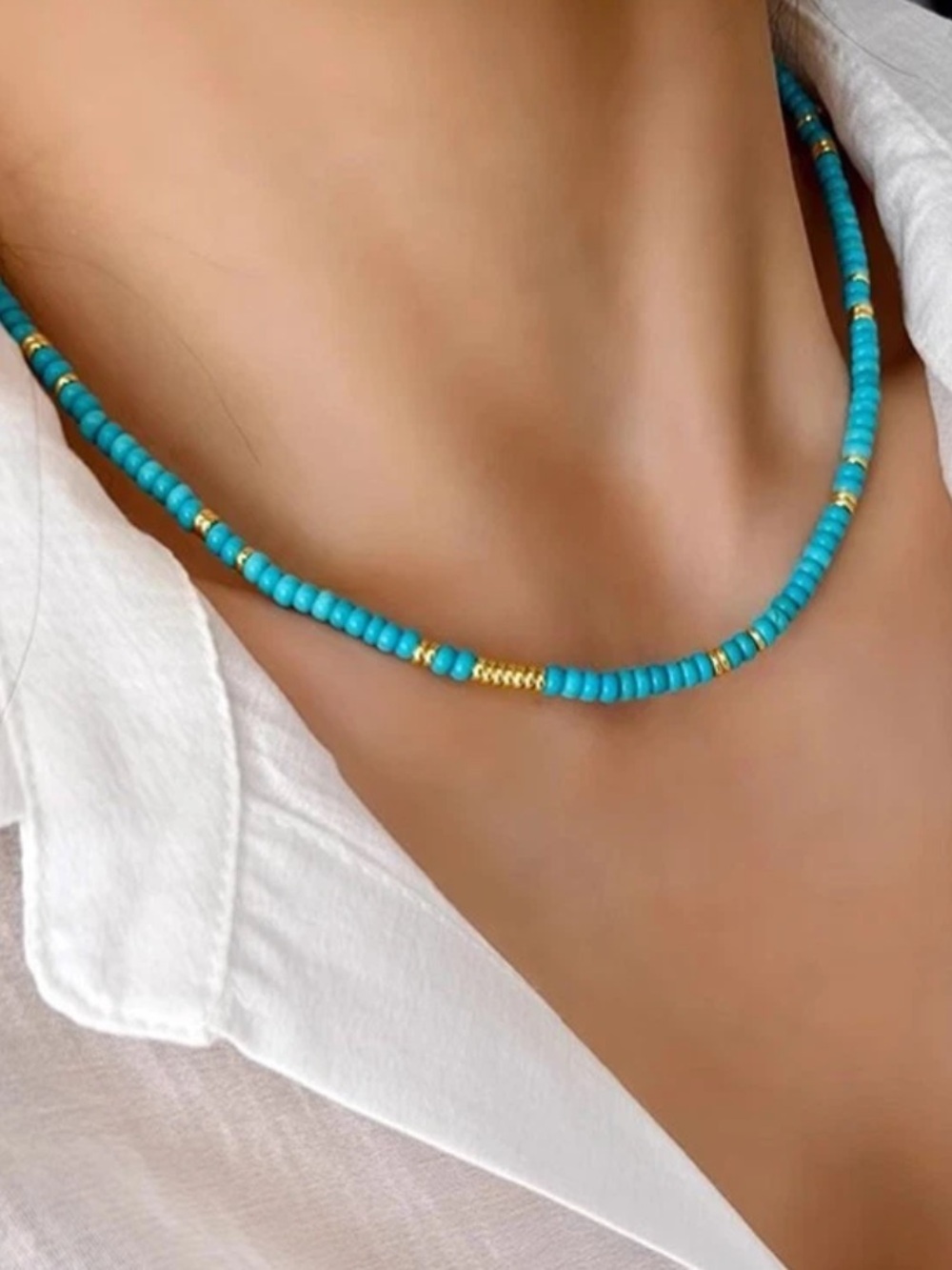 Natural Blue Turquoise Beaded Healing Crystal Necklace Choker